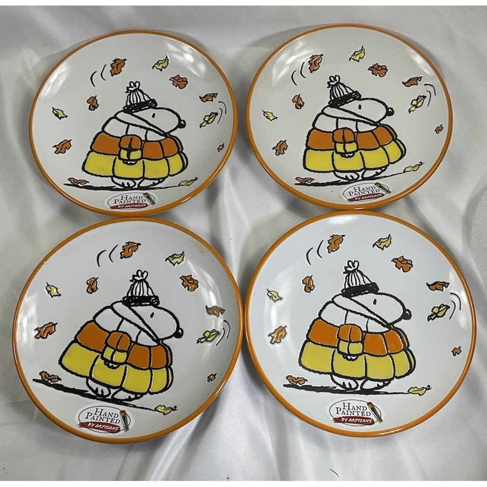 Peanuts Snoopy in Candy Corn Puffer Jacket Halloween 6" Appetizer Plates Set 4